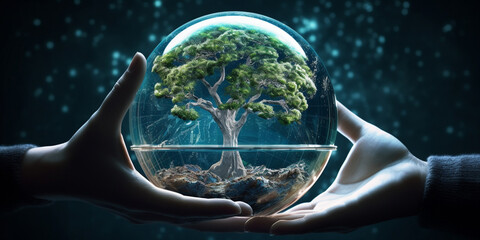 Earth crystal glass globe ball and tree in robot hand saving the environment, save a clean planet, ecology concept. technology