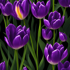 Realistic violet tulip flowers illustration seamless pattern on black background created with Generative AI technology