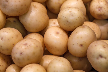 Potato in bulk in grocery supermarket, selective focus