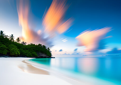 Panorama of a beautiful white sand beach and turquoise water in Maldives. Blur bokeh light of calm sea and sky. Focus on sand foreground.