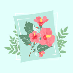 Summer flowers. Hibiscus branch. Vector, cute, colorful illustration.