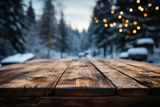 Wooden table with bokeh winterbackground