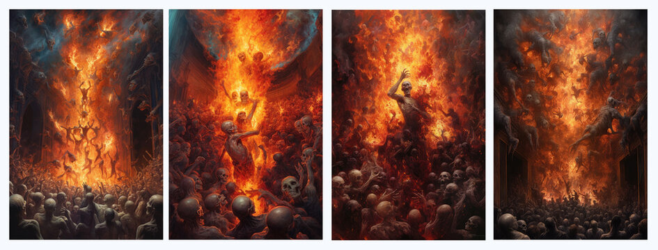 Dante's concept of Hell. There are skeletons and suffering souls in hell. Renaissance style perspective. Created with Generative AI technology.