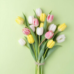 Obraz premium Flowers composition. Colorful tulips on pastel green background. Flat lay, top view, copy space