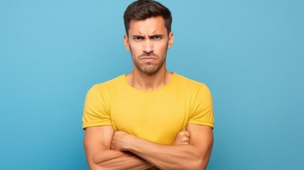 Portrait of a fictional white man isolated on a plain colored background. An angry person. Disgust face expression. Generative AI illustration.