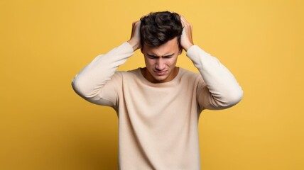 Portrait of a fictional white man isolated on a plain colored background. A person holding his head. Mad person. Generative AI illustration.