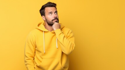 Fototapeta premium Portrait of a fictional white man isolated on a plain colored background. A person thinking. Generative AI illustration.