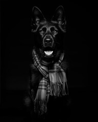 German Shepherd portrait with a scarf around his neck.