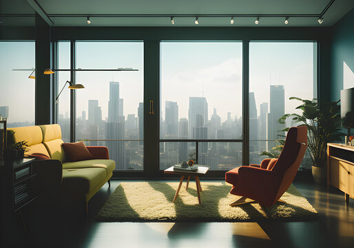 RBNB airnbn wohnung wohnzimmer aohnung einrichtung hotelzimmer stundenhotel b&uuml;ro sessel sofa hochhaus urban city loft sky penthouse pscchiator psychiater couch generative ki ai fiktiv
