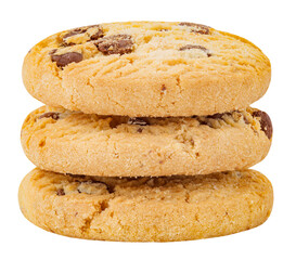 Oatmeal cookies three pieces stacked, isolated on transparent background .