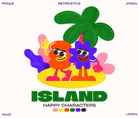 Groovy cartoon characters on tropical island in 90s style. Trendy retro hippie poster. Abstract funny mascots