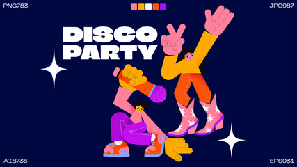 Disco cartoon retro 90s characters. Party mascot girls singing and dancing. Cool hippie groovy poster