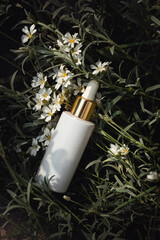 Cosmetic serum matte bottle on white flowers and grass background