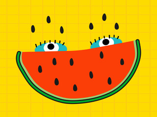 Bright sticker watermelon in hipster style on a yellow background. Style of the 90s. Vector