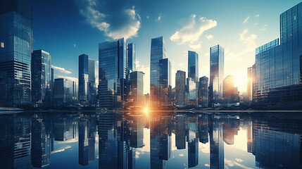 Fototapeta premium Reflective skyscraper business office buildings