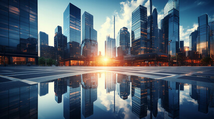 Reflective skyscraper business office buildings