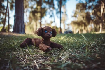 cute brown teddy bear sitting in a lush green field under a blue sky
