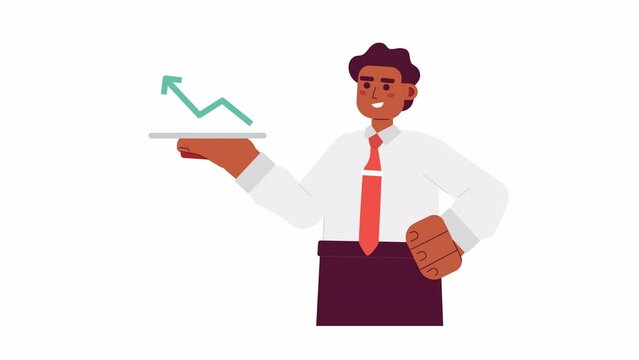 Financial advisor with rising arrow 2D animation. Trading graph. Insurance agent. Economy stock exchange 4K video motion graphic. Loan business colorful animated cartoon flat concept, white background