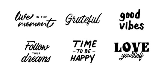 Vector set with Motivational quotes. Hand written inspirational phrases. Happiness and positive message banners.
