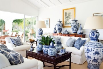 blue and white vase-filled living room with cozy decor