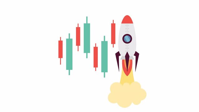 Stock market trends 2D animation. Trading candlesticks stocks with rocket take off 4K video motion graphic. Online trade. Buying and selling colorful animated cartoon flat concept, white background
