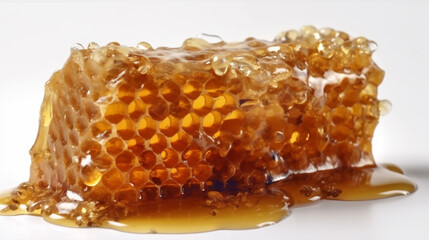 Close-up of Pure Honey Oozing Through Hexagonal Honeycomb - Showcasing Natural Purity and Wholesomeness. Generative AI.