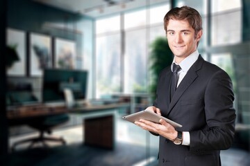 Fototapeta na wymiar Portrait of smiling businessman in a corporate office, AI generated image