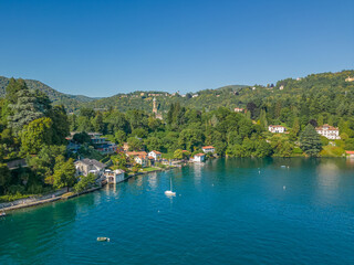 Lake Orta Italy. Aerial view of a beautiful mountain lake and the village of Orta. Orta San Giulio, Piedmont, Italy