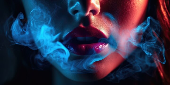 advertising of vapes. Sexual pink lips with blue smoke. Ai generated.