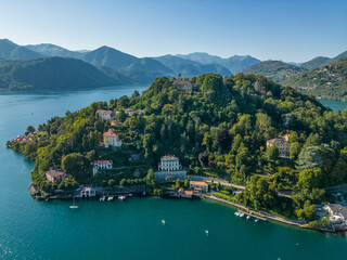 Aerial view lake Orta, Italy, Piemonte. Beautiful nature of Italy.  Loving Nature. Harmony Calm Relaxation. Save Earth Green Planet.