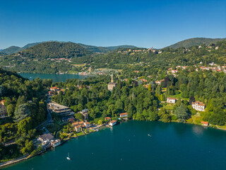 Fototapeta na wymiar Aerial view lake Orta, Italy, Piemonte. Beautiful nature of Italy. Loving Nature. Harmony Calm Relaxation. Save Earth Green Planet.