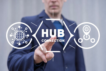 Man using virtual touch screen presses inscription: HUB CONNECTION. Web digital networking...