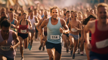People running marathon race in the streets in summer, focus on a male runner. Active lifestyle. 