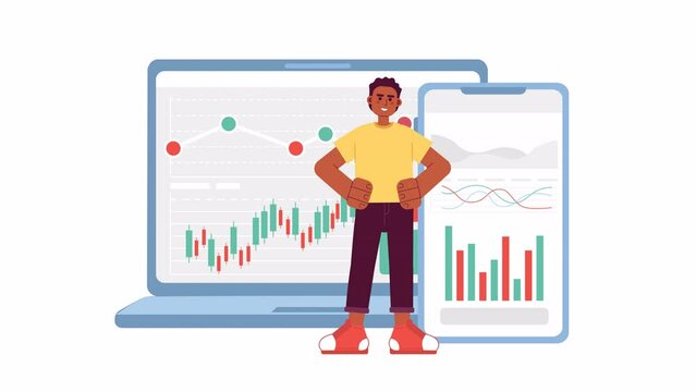 E-platforms for investor 2D animation. Stock exchange trader hands on hips 4K video motion graphic. Investment growth on laptop, mobile phone colorful animated cartoon flat concept, white background