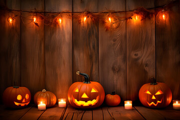 Jack o lanterns, candles and garland lights on grunge wooden background . Generative AI