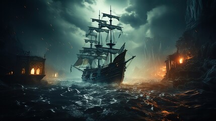 Pirate horror ghost ship in middle of ocean,dark night. Created with generative AI.