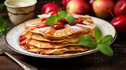 Thin pancakes with apples and topping. Delicious hearty food, Shrovetide menu. Generative AI
