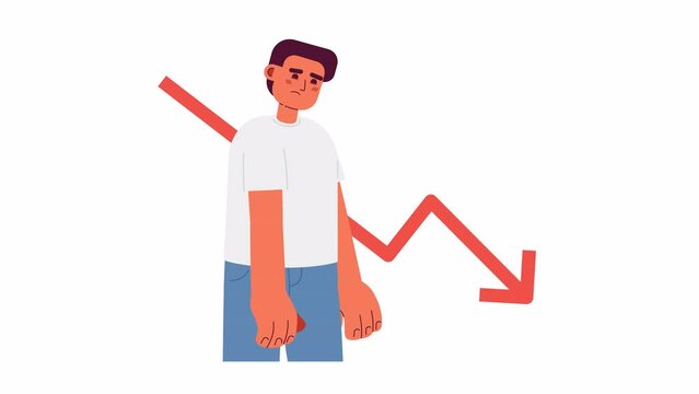 Stock market graph down 2D animation. Unsuccessful businessman 4K video motion graphic. Price prediction. Declining market. Stock trader stress colorful animated cartoon flat concept, white background