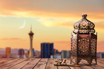 Ornamental Arabic beautiful lantern with candle glowing