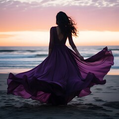 A brunette with impeccable grace and a lila summer dress stands on the beach, enjoying the scenic ocean view. Back is turned.
