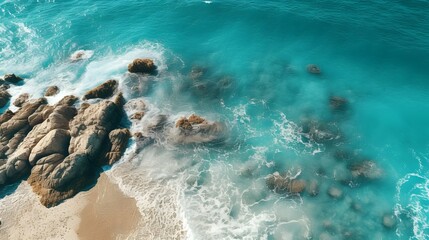Witness the spectacle of waves crashing on a tropical beach from a drone's perspective, revealing nature's awe-inspiring forces. - generative ai