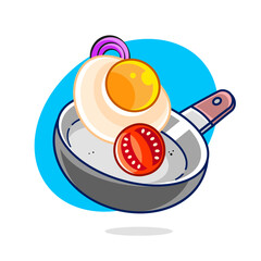 3D render fried egg in a cast iron skillet isolated on pink background vector illustration. Breakfast and home cooking