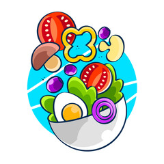 Tiny people standing by huge salad bowl. Small man and woman preparing vegetables to salad mixing bowl. Heathy food concept. Flat vector illustration isolated