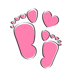 Pink kids or baby feet and foot steps with heart. New born, pregnant or coming soon child footprints. Vector illustration