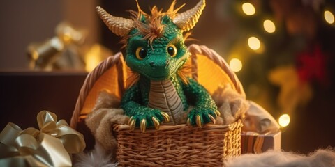AI generated. Cute toy dragon sitting under the Christmas tree surrounded by gifts