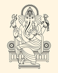 Ganesh figure linear contour black and white editable vector illustration, Happy Ganesh Chaturthi greeting card template, poster. Hindu God Ganpati modern style simple flat, line drawing. Tatoo design