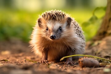 Naklejka na ściany i meble Little cute hedgehog sitting in the grass. Created with generative AI.