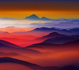 Plakat A very beautiful illustration of many hills stretching into the distance with multi-colored mist. AI-generated