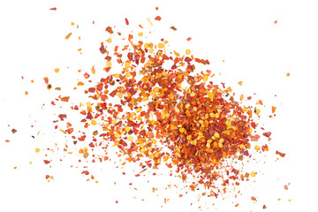 Spicy chili red pepper flakes, chopped, milled dry paprika pile isolated on white, top view - Powered by Adobe