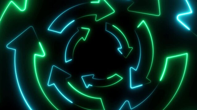 arrows showing recycling or environmental protection. Neon animation where lines draw an icon on a black background. Multiple layers
